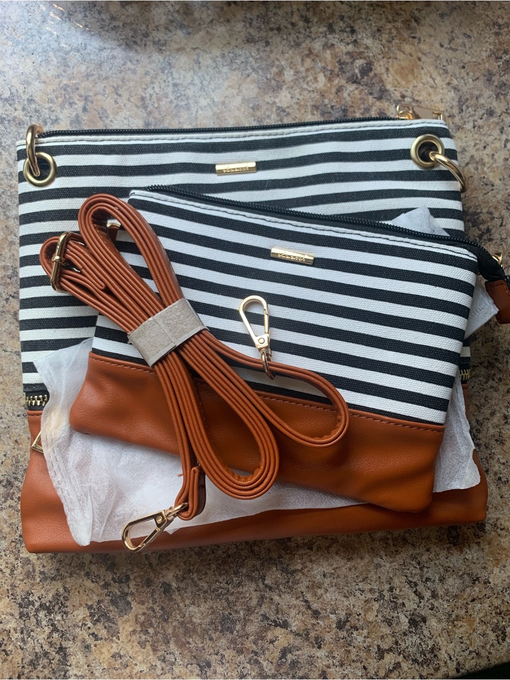 Striped Black & White and Tan Crossbody Trio - Women Bags